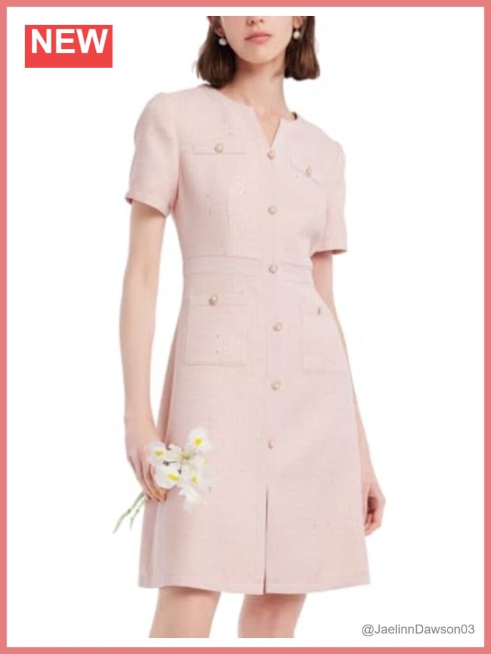 Tweed Mini Dress Short Sleeve V-Neck A-Line Pearl Buttons Sequin Elegant